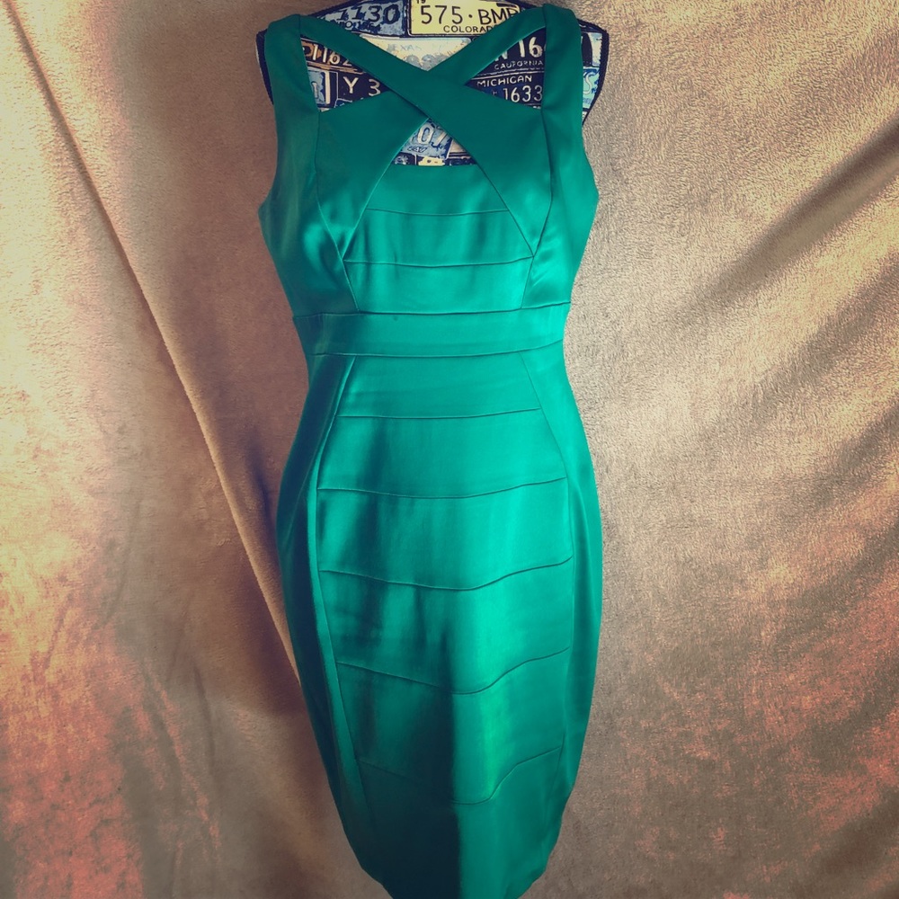 Emerald green criss-cross satin party dress